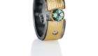 RG–32: Green Tourmaline,1.5mm diamonds. 18k, 24k gold. Size 7.0.