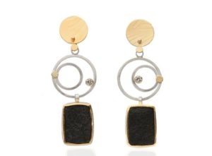 ER–105: 22k, 14k gold, sterling silver, Wyoming Black Jade, .05cts diamonds, 2 inches long.