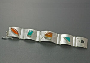 BRC-1-Sterling silver, Montana agate, chrysocolla, carnelian. Size 7 1/2 inches long by 1 inch.
