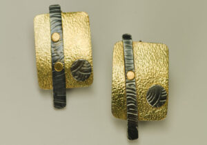 ER–12: Oxidized silver, 18k gold on silver, 14k gold ear wire 1.0 inch by 1.50 inch.