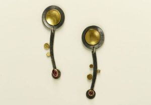 ER–4: Oxidized silver, 18k gold on silver, 14k gold, tourmaline, 2.5 inches long by .75 inch wide. SOLD