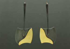 ER-19B- Oxidized silver, 18K, 14K gold, 2.25 inches long by 1.0 inch wide.