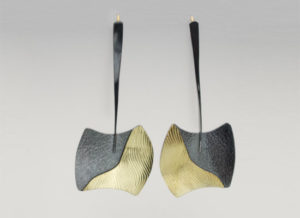 ER–19B2: Oxidized silver, 18K, 14K gold, 2.25 inches long by 1.0 inch wide.