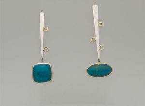 ER-33- Sterling silver, 14k gold, chrysocolla, 2 inches long.