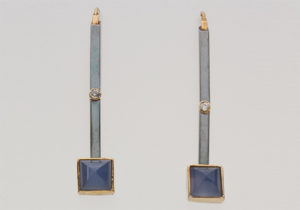 ER-45-Blue chalcedony earrings, 18k & 14 gold, oxidized sterling silver, 2.50mm diamonds.