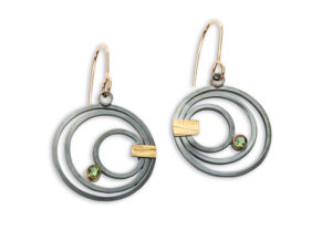 ER–61: Oxidized silver, 22 & 14k gold, peridot, 1.0 x 1.75 inches. SOLD. $300.00