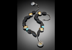NKL–2: Black onyx oxidized silver, 18k, 14k gold, green sapphire, Peruvian Opal Necklace 19 inches long. SOLD