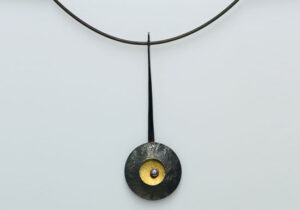 NKL–15: Oxidized silver, 18k gold, 2.5mm blue sphire, 19 inches fine silver cable.