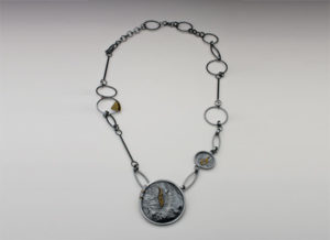 NKL-26-Oxidized reticulated silver, 18k gold granulation, pendant 2.75 inches by 2.75 inches, chain 26 inches.