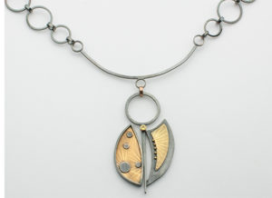NKL-53-Necklace, Oxidized sterling silver, 18k gold, Yellow Sapphire, 22” chain.