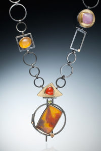 NKL–68: Amethyst sage agate, orange, yellow, lavender chalcedony, 24k, 18k gold, oxidized sterling silver,, pendant 3 inches by 2.75 inches, chain 26 inches long.