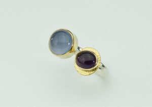 R-3-Blue Chalcedony, amethyst, 18k gold, sterling silver. Size 7.50 to 7.75. SOLD