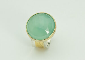 R-4-Facetted Aqua Blue Chalcedony, 18k gold, sterling silver. Size 7.75.