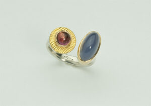 R-6-Blue Chalcedony, Pink Tourmaline, 18k gold, sterling silver. Size 7.50.