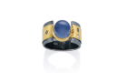 RG-131 Blue Chalcedony,1.5mm diamonds, 24k gold on silver, 22k gold, oxidized sterling silver, size 6.5