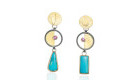 ER–140: Oxidized sterling silver, 14k, 18k, 24k gold, gem silica, pink tourmaline, 2.50 X 1.45 inches post earrings.$450.00