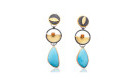 ER–144: Turquoise, facetted Mexican Opal, 14k,18, 24k gold, oxidized sterling silver. 2.25 X .25 inches post earrings. $775.00 SOLD