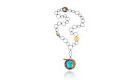 NKL–91: Oxidized sterling silver, 18k, 24k gold, Turquoise,2.0mm Diamonds, 2.5 Yellow Sapphire,, pendant 1.50 inches, adjustable chain 24 inches. SOLD