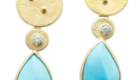 ER–150: Turquoise, 2.5 mm Diamonds, 14k, 24k gold, sterling silver, 1.50 X .50 inches. SOLD