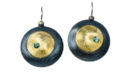 ER–175: Oxidized sterling silver, 24k gold,green tourmaline, 1inch x 1inch,SOLD