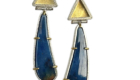 ER–172:Stering silver, 18k, 14k gold, lapis , stud earrings. 2" L x 1/4" W