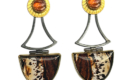 ER–176:Oxidized silver, 18k gold,Montana agate, Sun Stone, stud earrings. 2"L x 1"W, SOLD