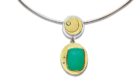 Sterling silver, 18k gold, Chrysoprase, Tourmaline, recycled diamonds. Pendant 2" x 1 1/4"