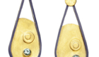 ER–183: 18k gold on sterling silver, 14k gold ear wire.Oxidized sterling silver, Tourmaline, 1 3/4" x 3/4".SOLD
