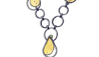 NKL–170: Sterling silver, 24k gold, 4mm blue green tourmaline.1.75 x 1.7 5 inches, pendant. Chain sold separately, oxidized sterling silver, orange chalcedony, 22k gold on silver. adjustable length.