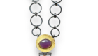 NKL–173:Oxidized sterling silver, 24k gold, Namibian Blue Chalcedony, purple,mexican opal pendant. 3"x1" Adjustable chain sold separately.Oxidized sterling silver, orange, yellow chalcedony.
