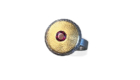 18k gold, oxodized sterling silver, Garnet. Size 73/4-8