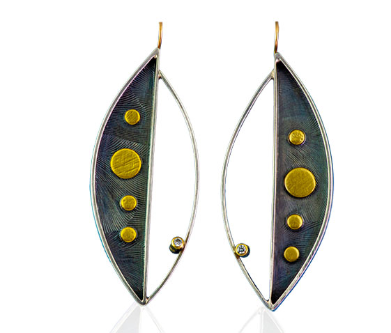 ER&ndash;22-1:Oxidized silver, 24k & 14kgold, 2mm recycled diamonds, 2"x1"