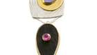 NKL&ndash;Pendant-Black-Jade,Pink Tourmaline,Purple Chalcedony, 18k,22k gold, sterling silver. 2.5"X1"