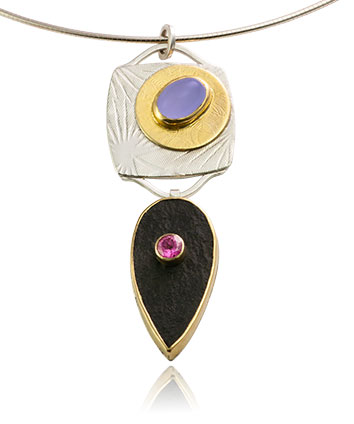 NKL&ndash;Pendant-Black-Jade,Pink Tourmaline,Purple Chalcedony, 18k,22k gold, sterling silver. 2.5"X1"
