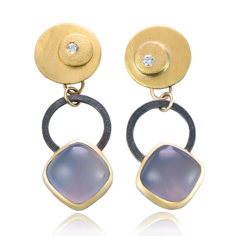 ER&ndash;24-202B, Recycled Diamond, Blue Chalcedony, oxidized sterling silver, 18k, 14k gold