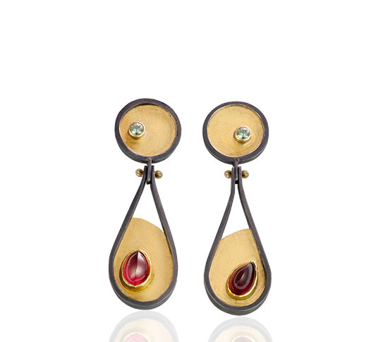 ER&ndash;302B:Garnet, Afgan Tourmaline, 81k gold on silver, oxodeized sterling silver. 2" x 3/4 "