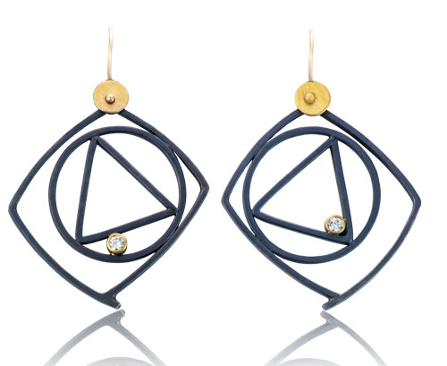 ER&ndash;304C: 2.5mm Diamonds,18K,14k gold, oxidized sterling silver, 1.5"X2".