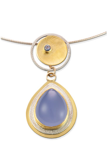 NKL&ndash;Pendant-Blue Chalcedony, Tanzanite,18k,22k gold, Sterling silver, 2"X1.25"