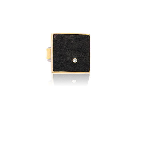 RG&ndash;200B: Natural surface Black Jade, .04 diamond, oxidized sterling silver, 22k, 18k gold.Size 8
