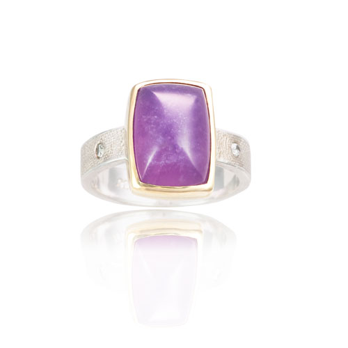 RG&Ndash;22-2: Sterling silver 24K gold, Purple Chalcedony, 2mm recycled diamonds. Size 8