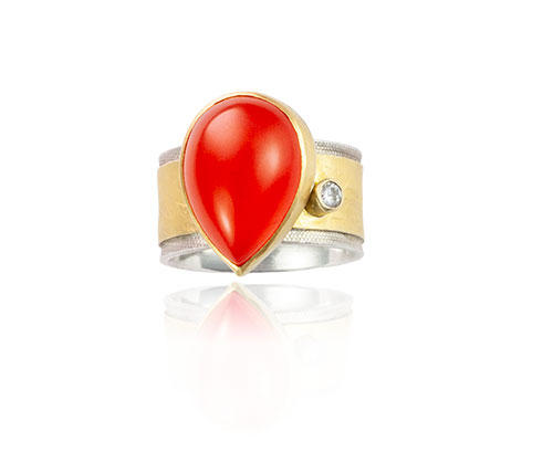 RG&ndash;24: Indonesian Orange Chalcedony, 24k gold, sterling silver, size 7 ½. 